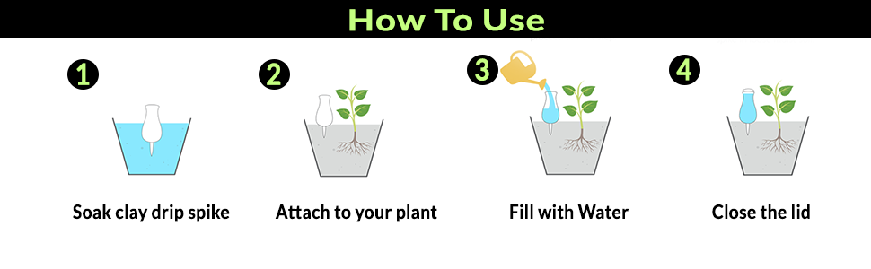 how use soak clay drip spike attach plant fill water close lid