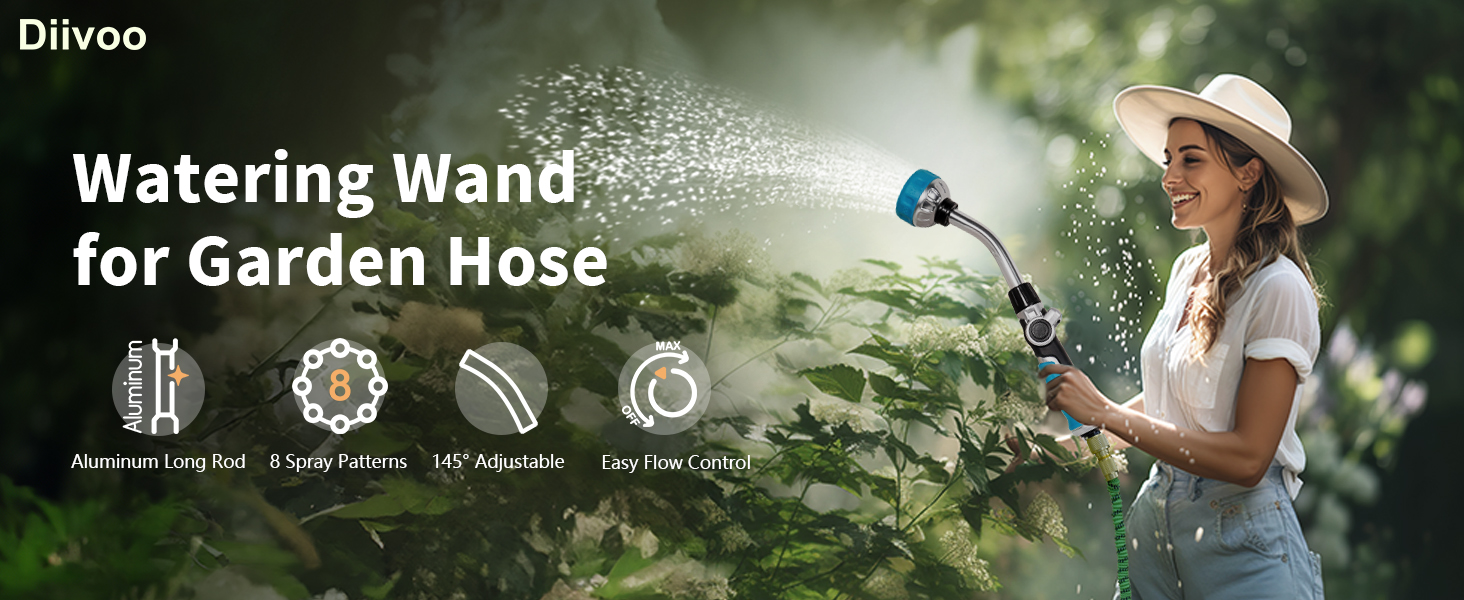 Watering Wand Heavy Duty, Metal Garden Hose Wand with 8 Spray Patterns, 18-Inch Hose Nozzle Sprayer 
