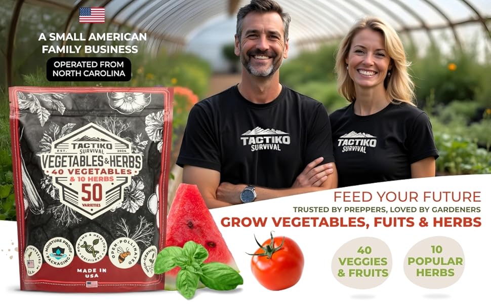 tactiko family business offering 50 variety vegetable fruit and herb seed kit made in USA