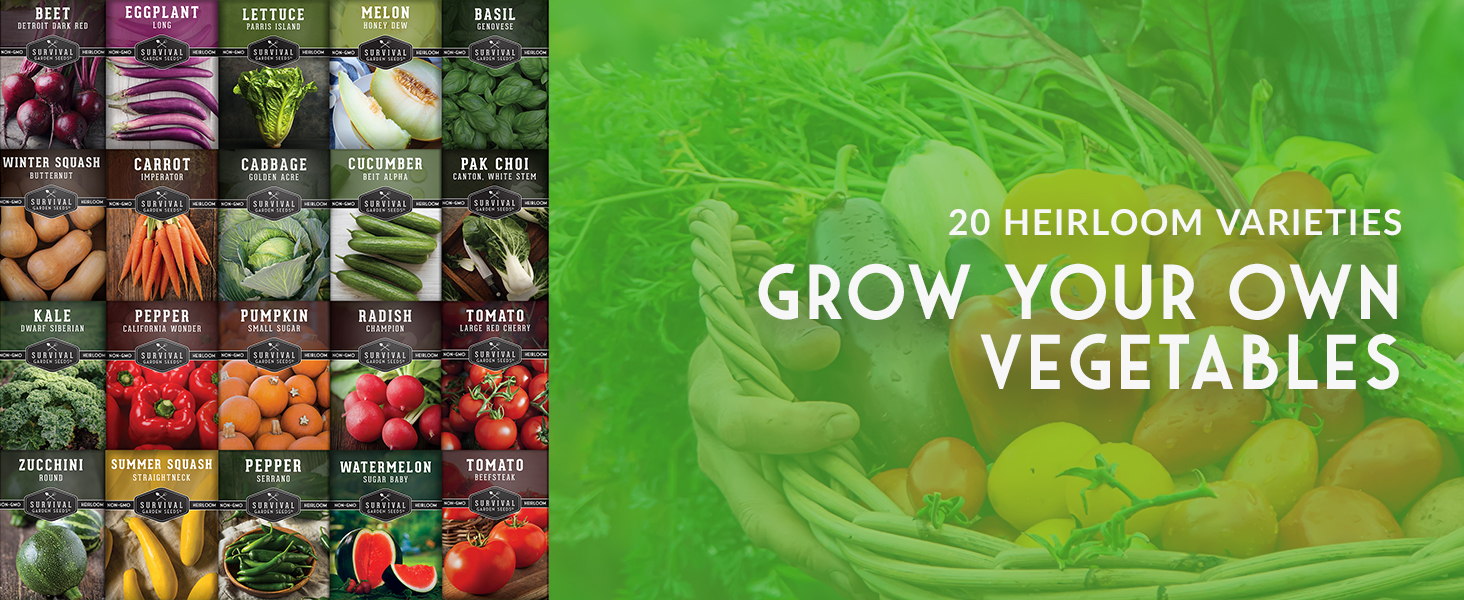 Starter Kit with 20 varieties of heirloom vegetable seeds for your garden